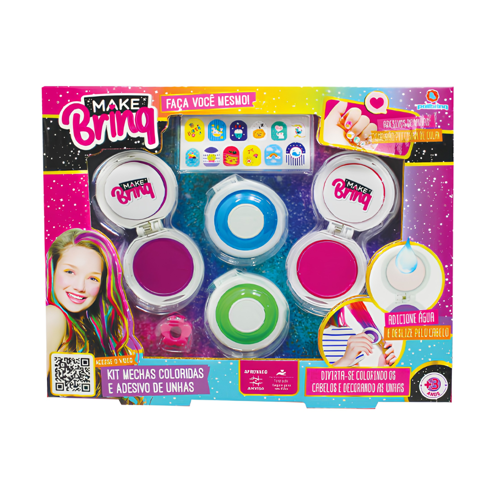 Kit Mechas Coloridas e Adesivos de Unhas Beleza Infantil Make Brinq POLIBRINQ