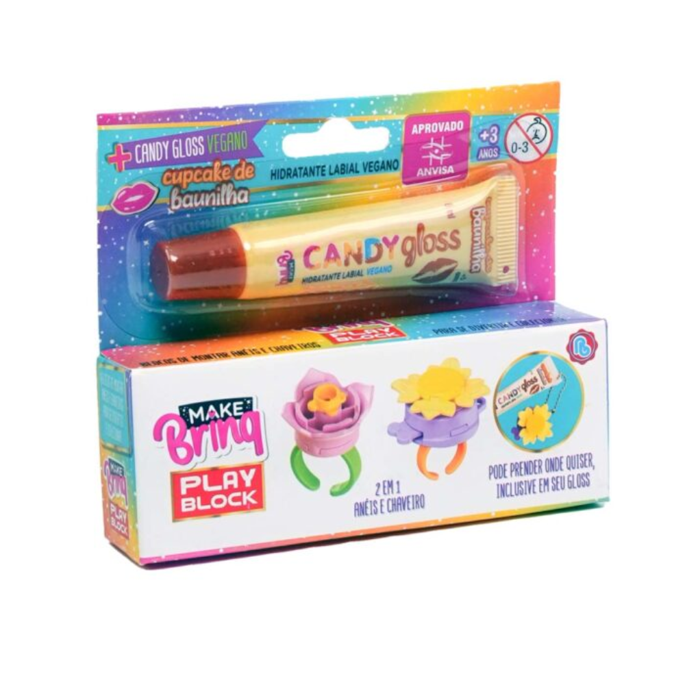 Hidratante Labial Gloss com Chaveiro e Anéis Play Block (Baunilha) Make Brinq POLIBRINQ
