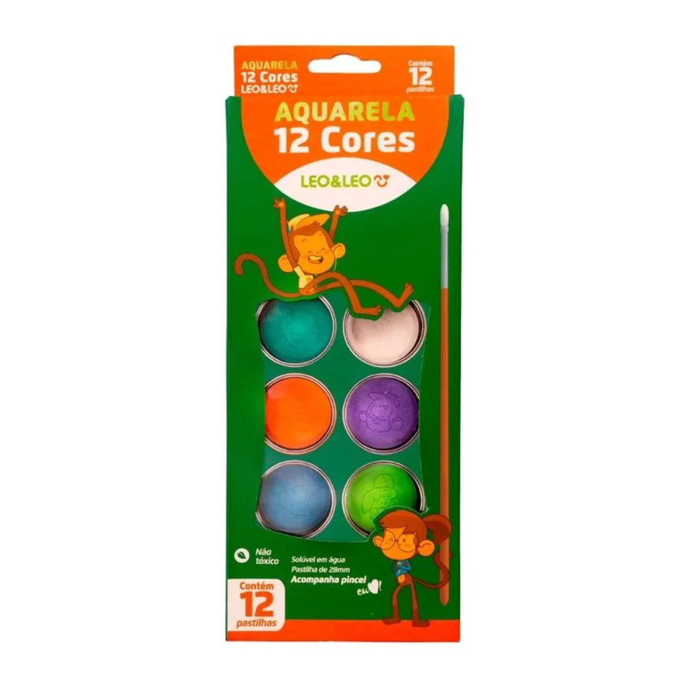 Kit Aquarela 12 Cores 28mm e Pincel LEO&LEO
