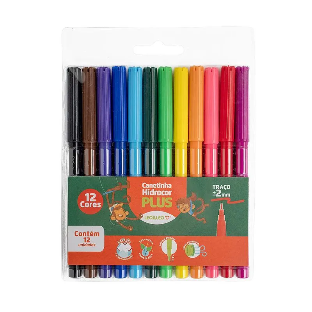 Conjunto de Canetinhas de Hidrográficas 12 Cores Plus LEO&LEO