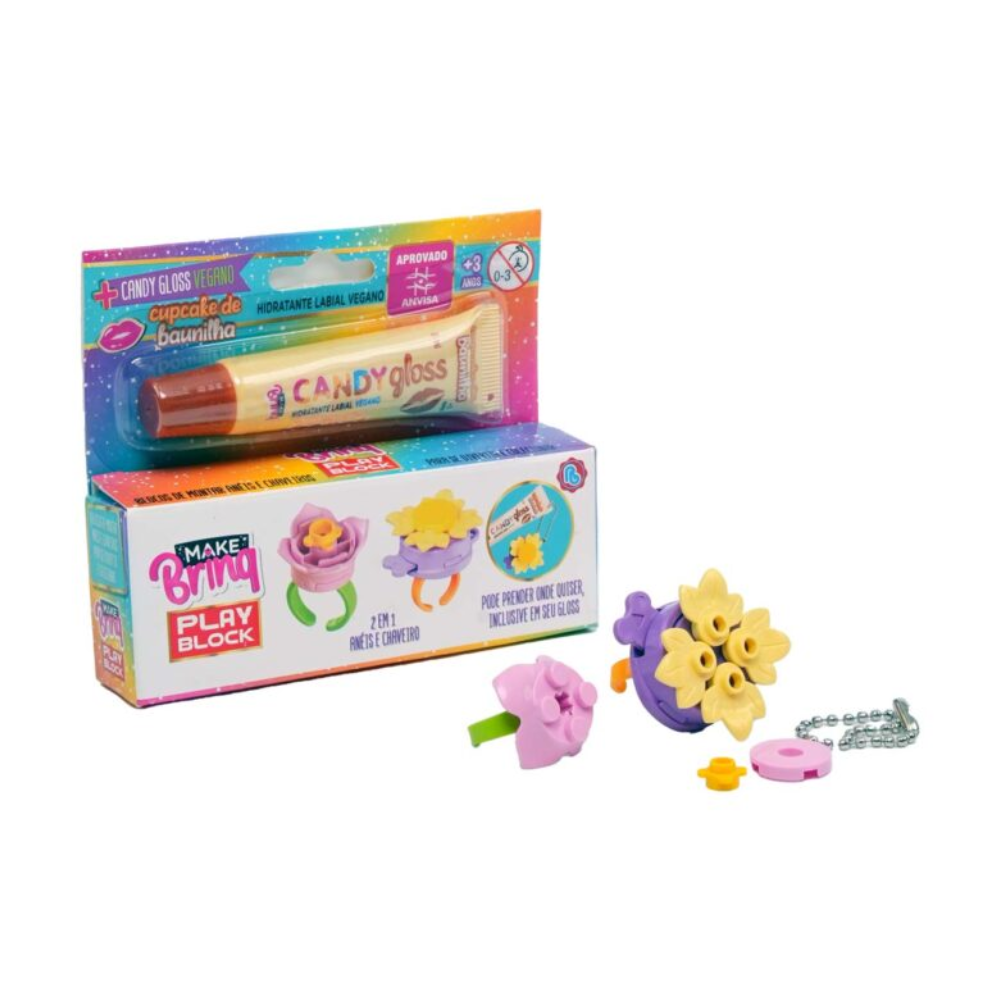 Hidratante Labial Gloss com Chaveiro e Anéis Play Block (Baunilha) Make Brinq POLIBRINQ