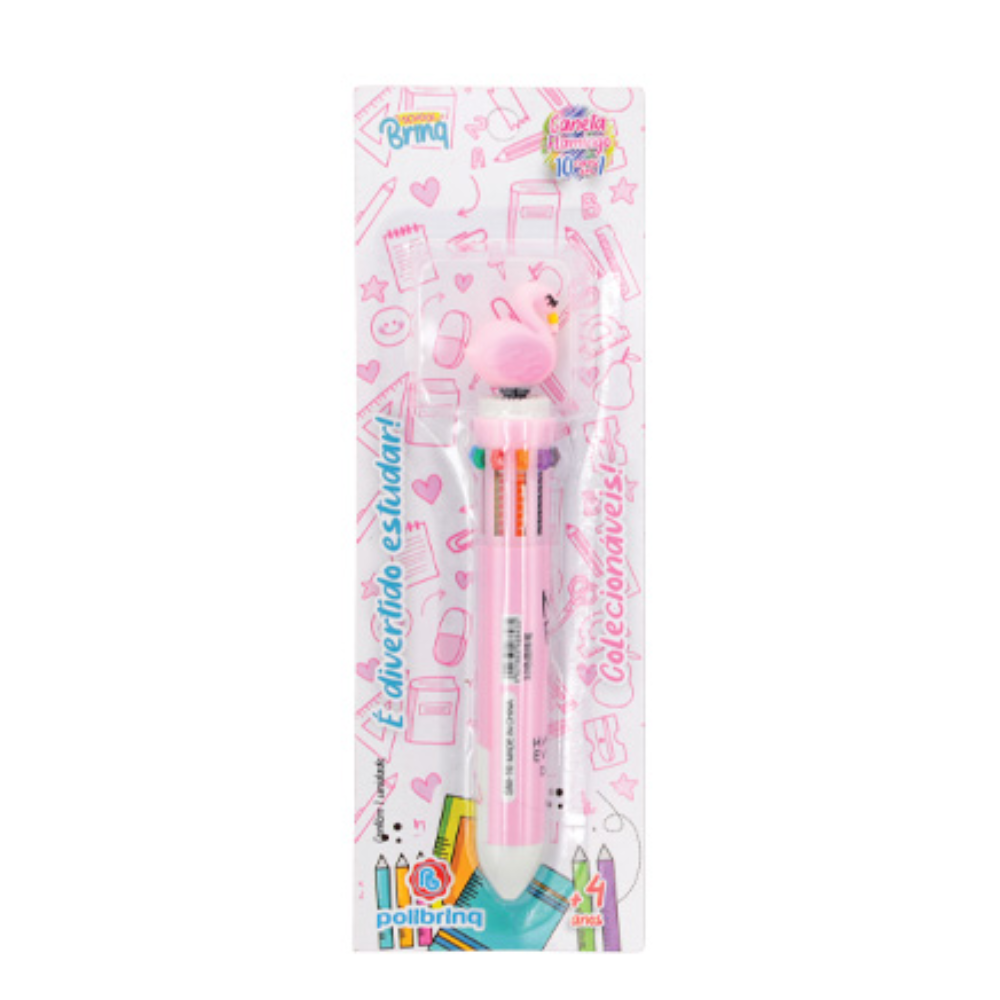 Caneta Multicolorida Flamingo 10 Cores School Brinq (Rosa) POLIBRINQ