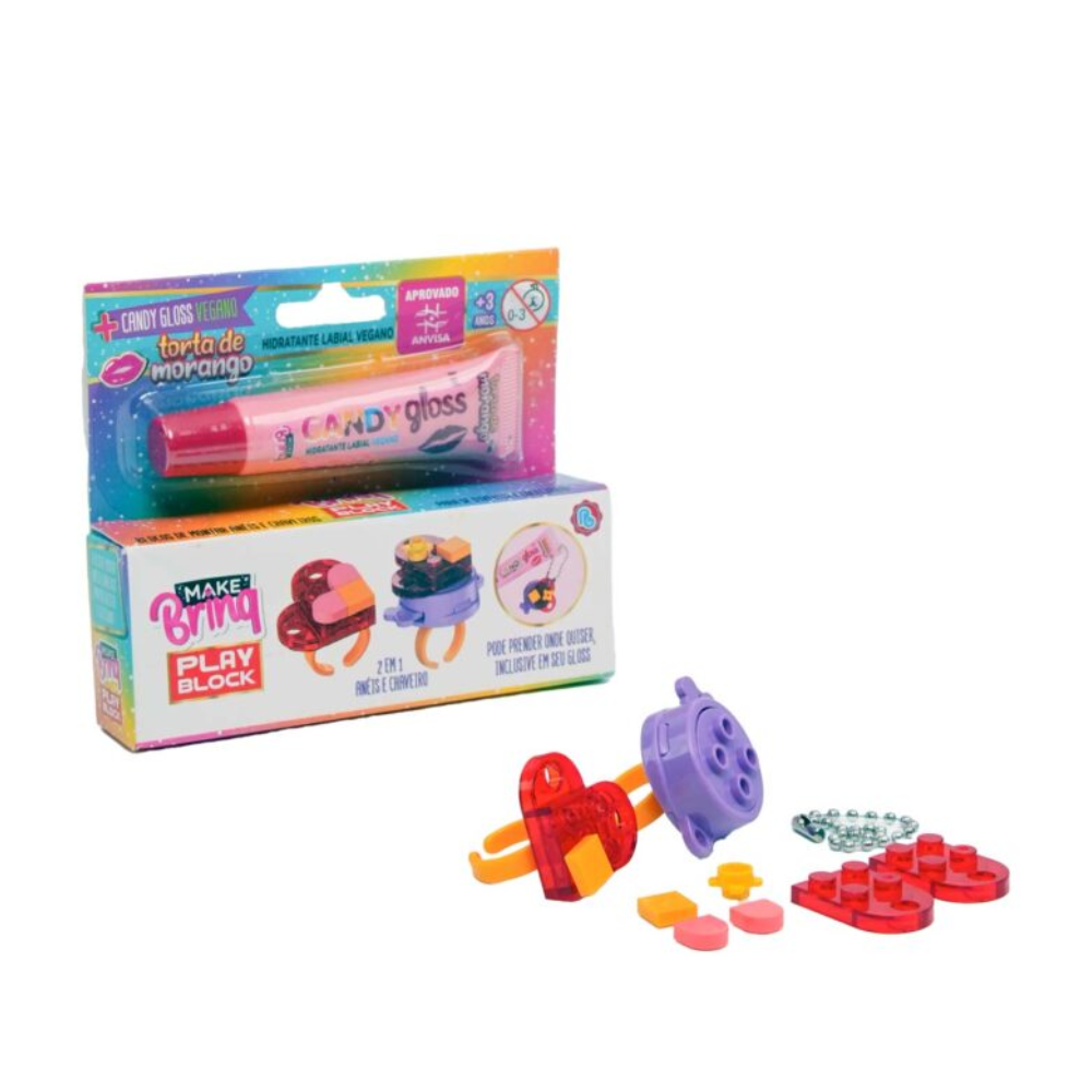 Hidratante Labial Gloss com Chaveiro e Anéis Play Block (Morango) Make Brinq POLIBRINQ