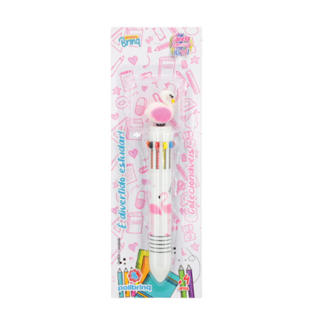 Caneta Multicolorida Flamingo 10 Cores School Brinq (Branco) POLIBRINQ